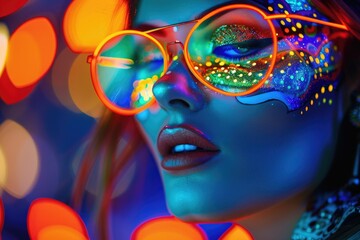 A woman wearing neon glasses and a necklace, possibly for a party or rave