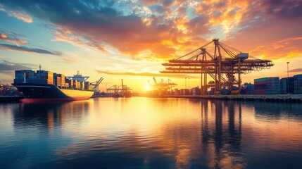 A contemporary port bathed in the first light of day, cranes moving containers with ships ready for loading, symbolizing the bustling activity of global trade