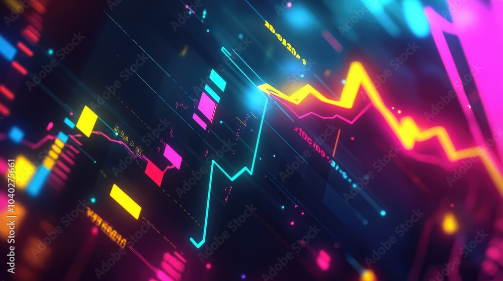 Poster abstract depiction of financial graphs and charts in neon colors