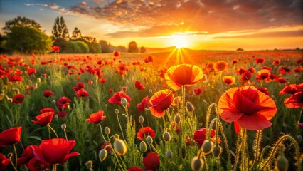 Fototapeta premium Stunning Crimson Poppies in a Lush Field at Golden Hour - Nature's Colorful Beauty