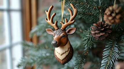 Decorative reindeer ornament hanging on a festive winter tree