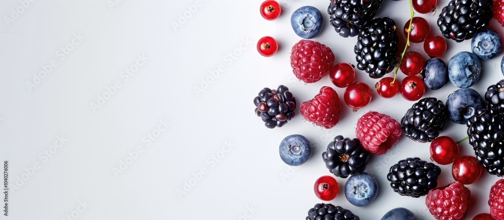 Poster assorted berries like blackberries blueberries raspberries and black currants arranged neatly on a w