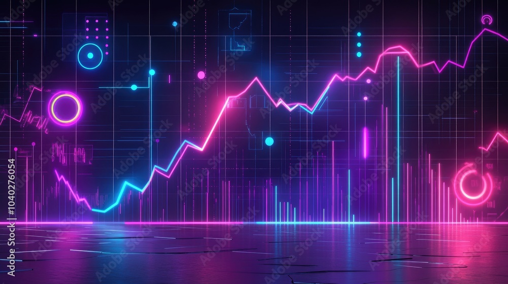 Poster abstract depiction of financial graphs and charts in neon colors