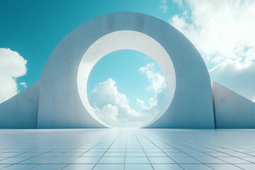 Modern architecture with circular wall openings and white flooring
