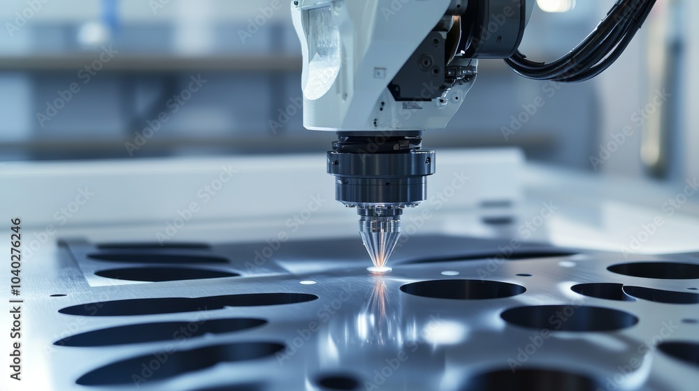 Poster a robotic arm conducting high-precision laser cutting of intricate metal parts in a clean, advanced 