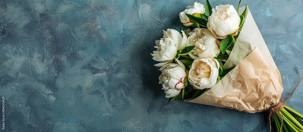 Poster top view of a bouquet of white peonies in craft paper on a grey table with a spacious section for ad