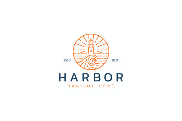 Harbor Lighthouse Guidance and Navigation Symbol Abstract Illustration with Ocean Wave Nature Logo Linear Badge