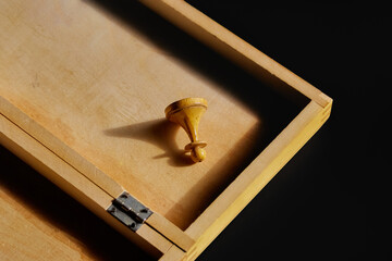 One old wooden chess pawn in a wooden box on a black background.