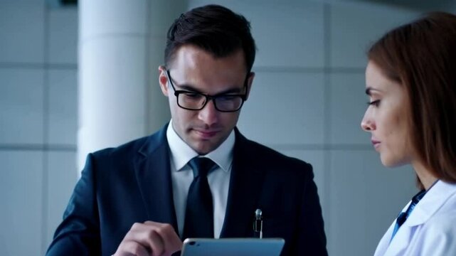 bitious pharmaceutical sales rep presenting to doctor or male representative discussing medication in medical building