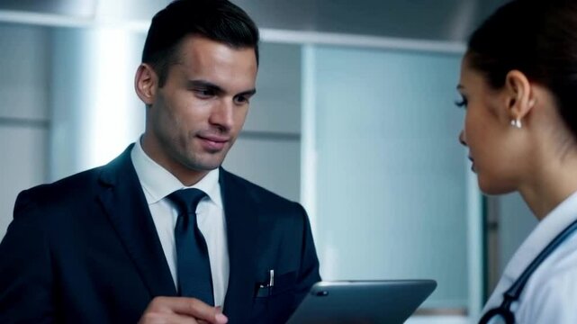 bitious pharmaceutical sales rep presenting to doctor or male representative discussing medication in medical building