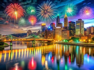 Stunning Double Exposure of Pittsburgh Skyline at Night with Colorful Fireworks Display Over River