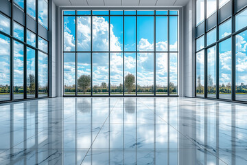 Indoor lobby with glass windows and marble floor