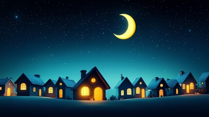 Fototapeta premium Charming houses illuminated at night under a crescent moon.