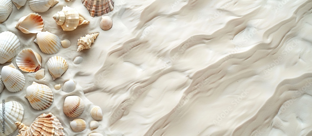 Poster aerial view of seashells on sandy beach with a copy space image presented in a flat lay style