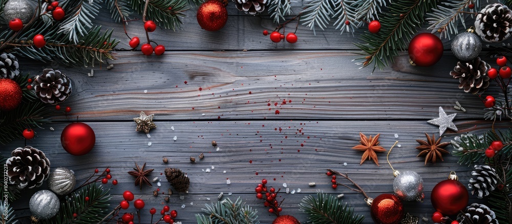 Poster mock up of a christmas card with red and white decor on a wooden backdrop featuring a space for addi