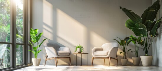 Fototapeta premium Modern office interior with cozy armchairs and a coffee table with space for text or images. Copy space image. Place for adding text and design