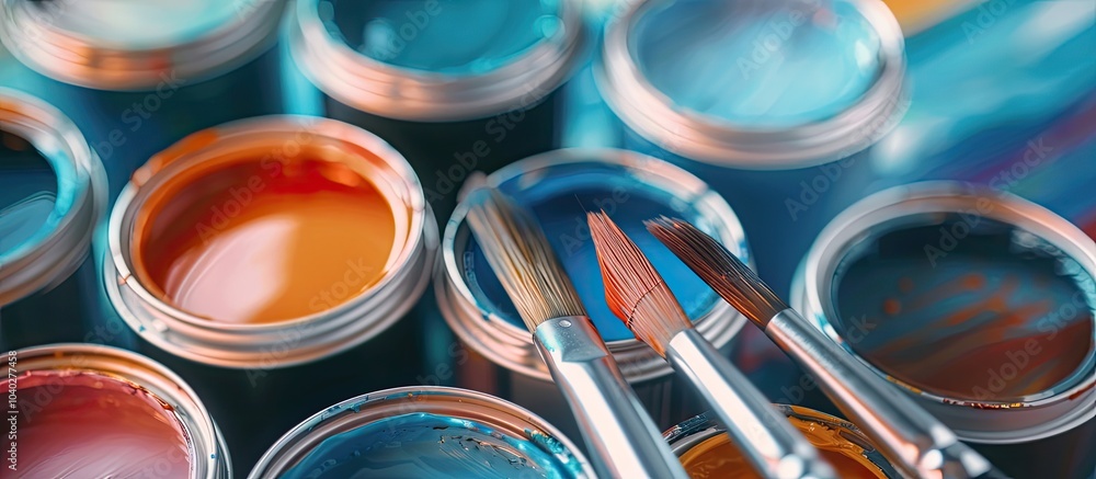Poster top view of clean paintbrushes resting on paint cans in a close up copy space image