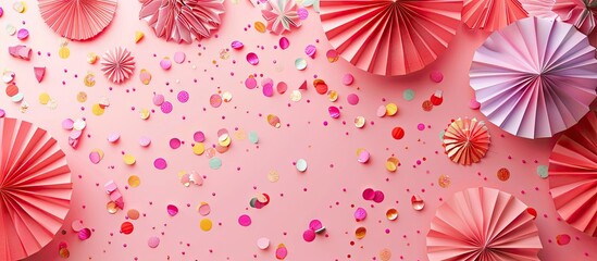 Fototapeta premium Festive banner atop a pink backdrop adorned with paper fans featuring copy space image for text