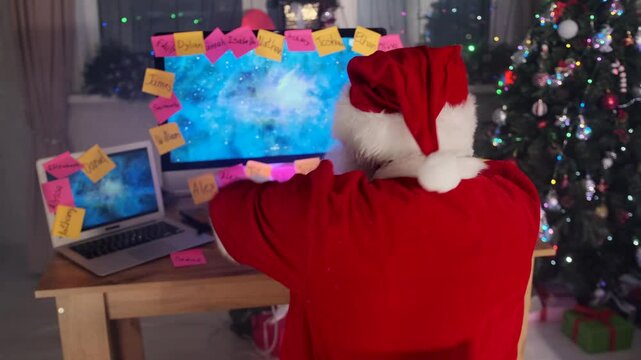 Santa organizes tasks with colorful sticky notes on the screen, ensuring every detail is perfect for smooth holiday preparations