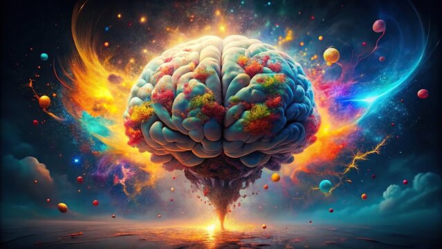 Aerial view of a person with exploding head filled with various abstract ideas and emotions