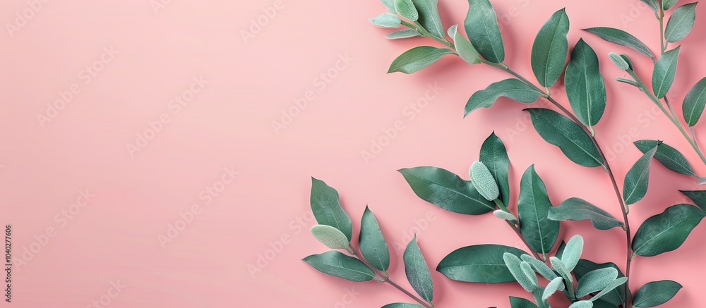 Poster top view of a laurel branch on a pink background with a banner for a copy space image