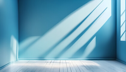 Panoramic abstract blue background for product presentation with sunlight and blurred shadows wall. Winter background.