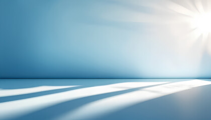 Panoramic abstract blue background for product presentation with sunlight and blurred shadows wall. Winter background.