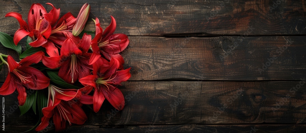 Poster a rustic wooden background showcasing a beautiful bouquet of red lilies in a flat lay composition cr