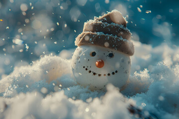 Little cute snowman in a knitted hat and scarf on snow on a sunny winter day ,Snowman with red scarf and hat on the background of snowfall
