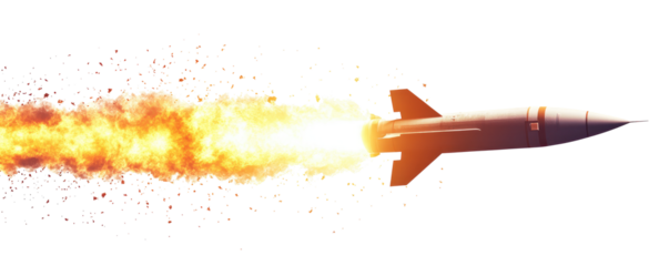 A missile rocket with fire trail  on transparent background