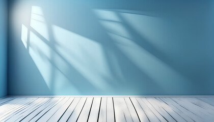 Panoramic abstract blue background for product presentation with sunlight and blurred shadows wall. Winter background.