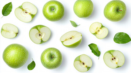 Fototapeta premium Apples isolated. Levitation of ripe green apples, apple halves and slices