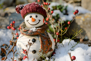 Little cute snowman in a knitted hat and scarf on snow on a sunny winter day ,Snowman with red scarf and hat on the background of snowfall
