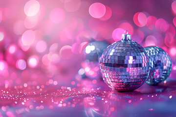 A reflective disco ball hangs against a vibrant background of pink, blue, and purple bokeh lights
