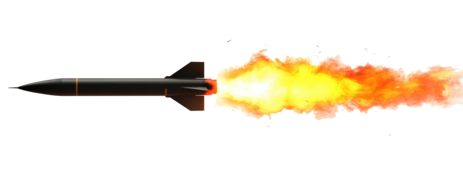 A missile rocket with fire trail  on transparent background