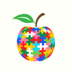 Apple shape puzzle with colorful pieces isolated on white background. Autism awareness concept design.