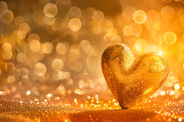 Glittering heart on a gold background with bokeh 
Valentine's day background with golden glitter heart on bokeh background
