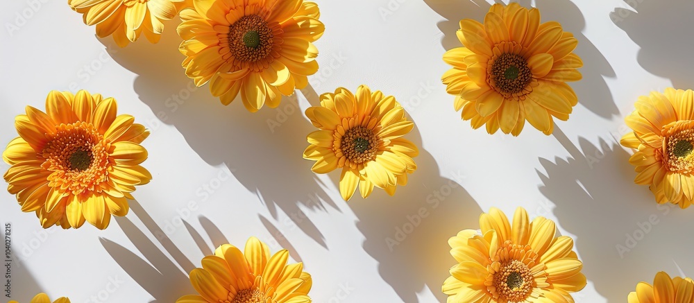 Aufkleber yellow gerbera flowers arranged on a white surface casting distinct shadows captured from above with