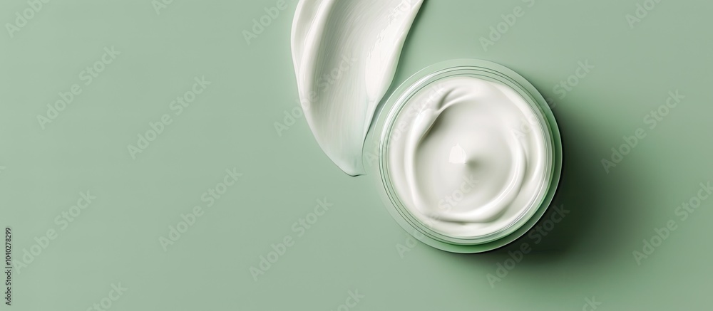 Aufkleber top view of face cream on a green background with copy space image