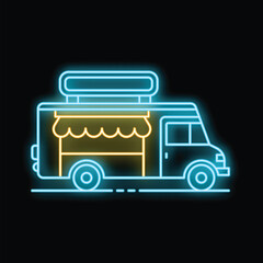 Blue and yellow neon food truck icon on black background