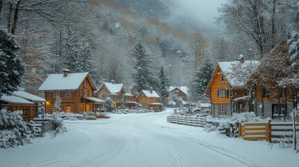 Charming winter village surrounded by snowy mountains