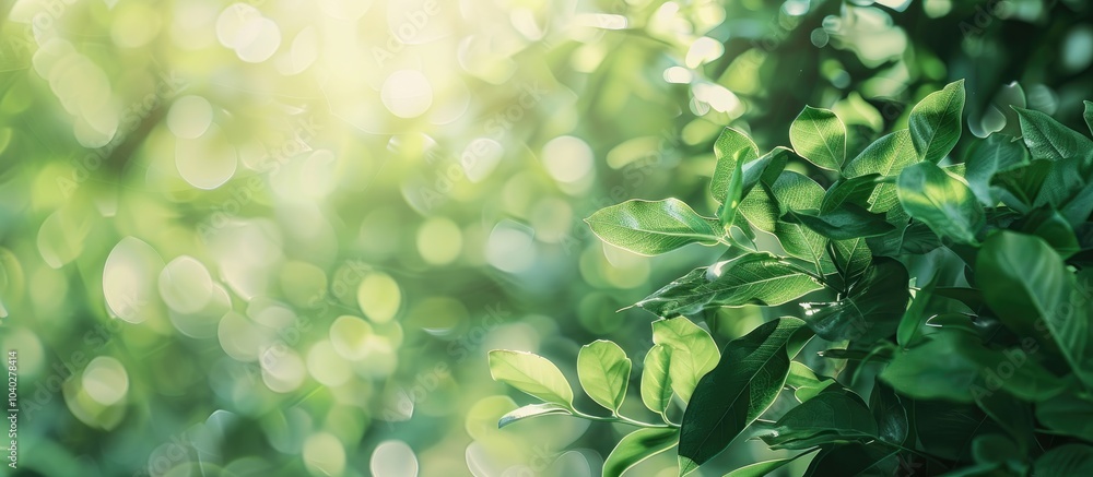 Poster soft focus green leaves background with a selective focus area for a copy space image