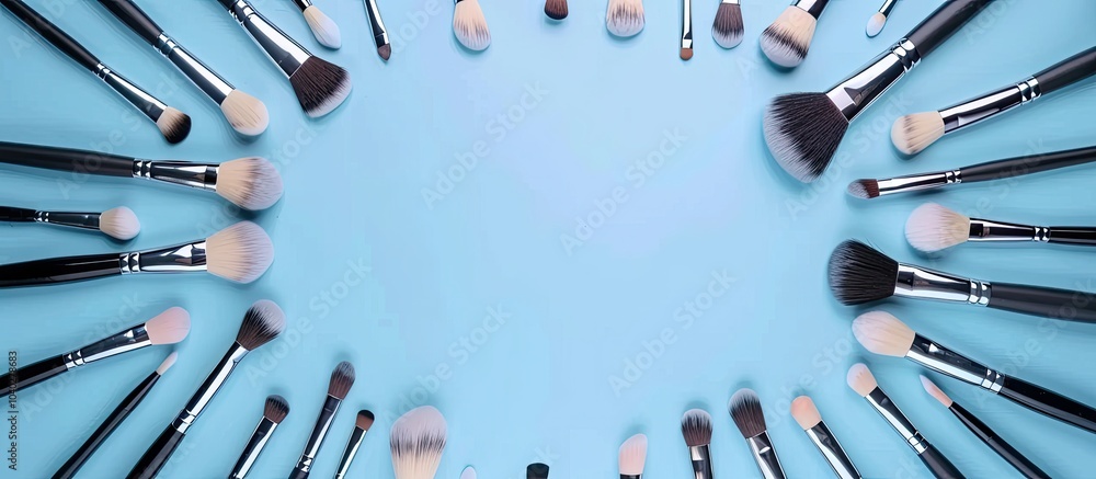 Poster top view of various makeup brush sets creatively arranged in a circular pattern on a blue backdrop p