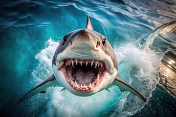 Aerial view of a shark with sharp teeth