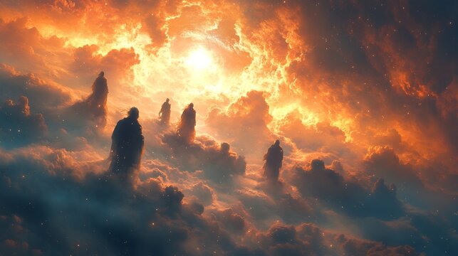 Watchers observing Earth celestial clouds their glowing eyes overseeing humanity with cosmic landscapes stretching beneath them creating an aura of divine authority