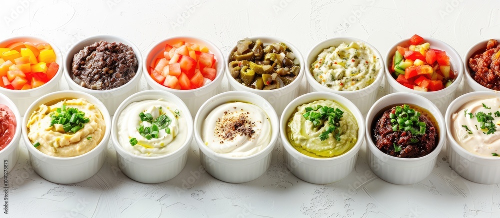 Poster a variety of dips arranged neatly in rows in bowls against a white background with room for a copy s