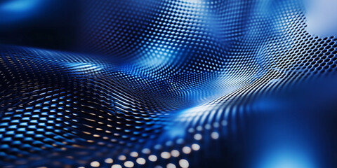 Obraz premium Sleek metallic background with smooth surfaces and cool-toned lighting, subtly illuminated by blue light, ideal for showcasing electronic technology products in a modern aesthetic.