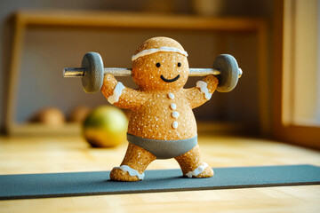 Gingerbread Man in Workout Gear Lifting Weights, Fun Fitness Concept