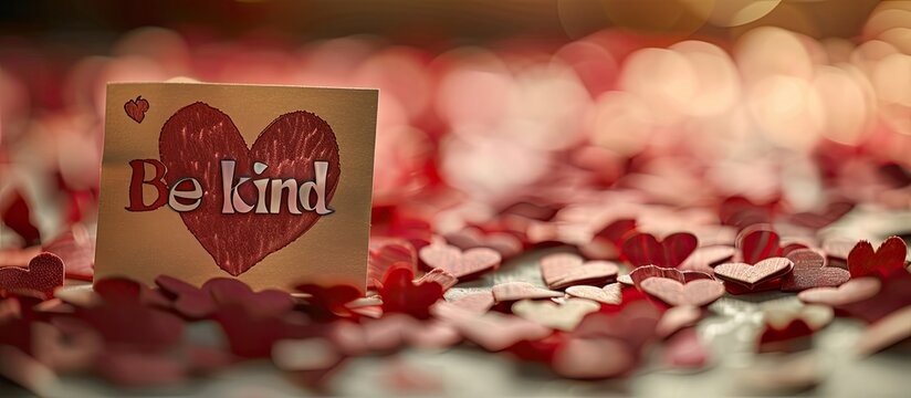 Stock photo featuring a message Be kind on paper with a background of hearts and space available for additional images copy space image
