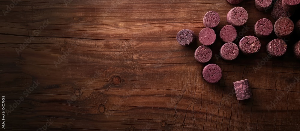 Poster grape shaped wine corks arranged on a wooden table suitable for a copy space image